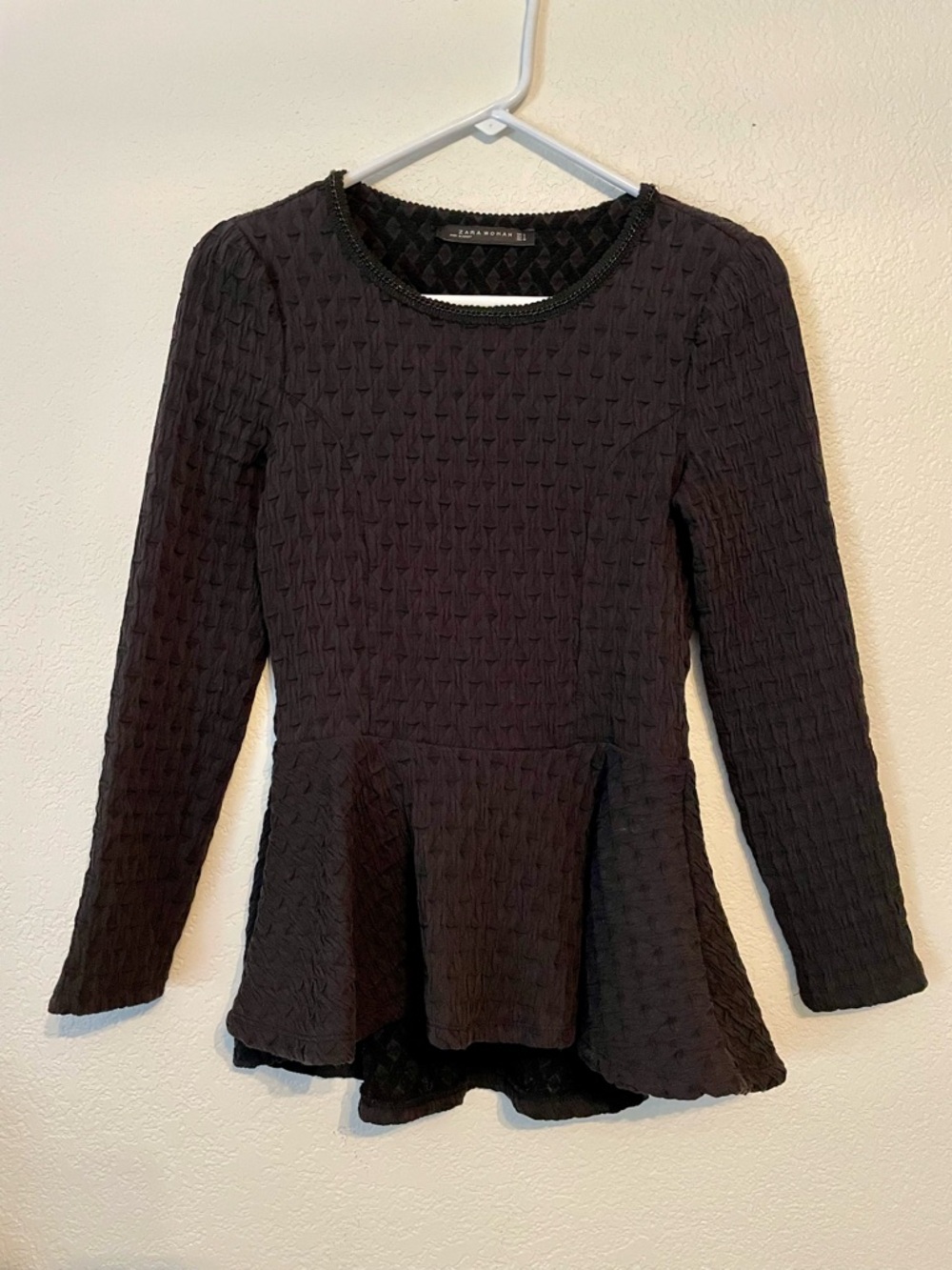 Zara Black Textured top with chain detail at collar